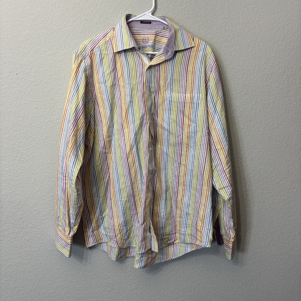 Bugatchi Uomo Classic Fit Long Sleeve Multi Color Stripe Button Up Shirt Size L